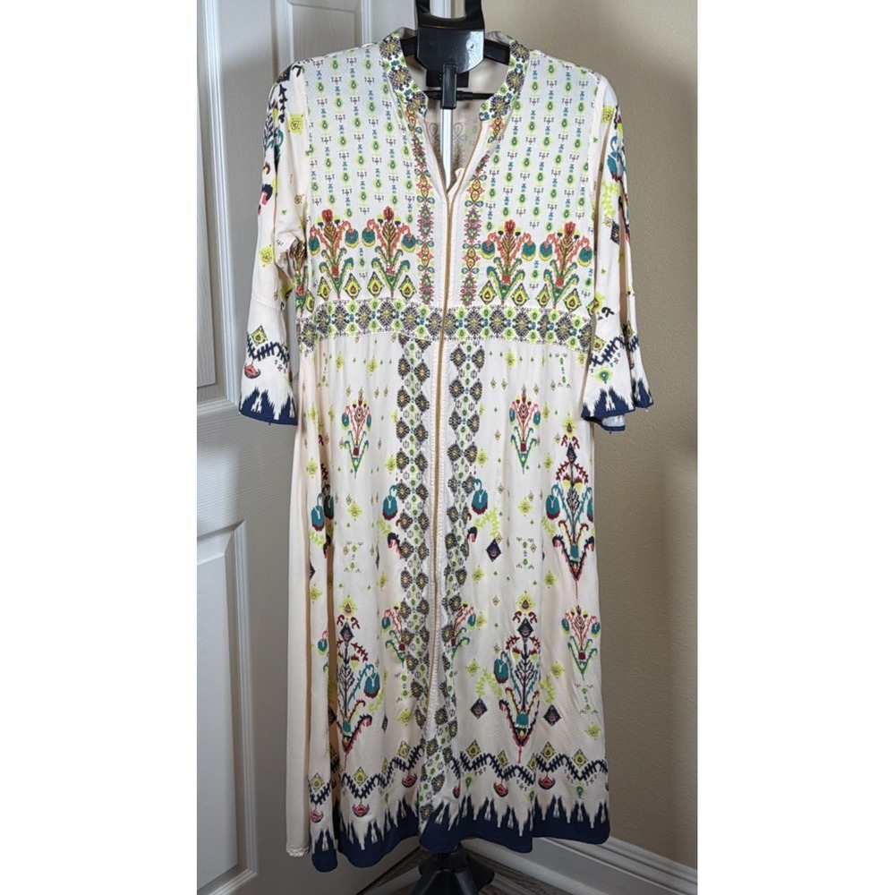 Boho Border Print Midi Dress Women's L 3/4 Sleeve Split Neck Festival Cottage